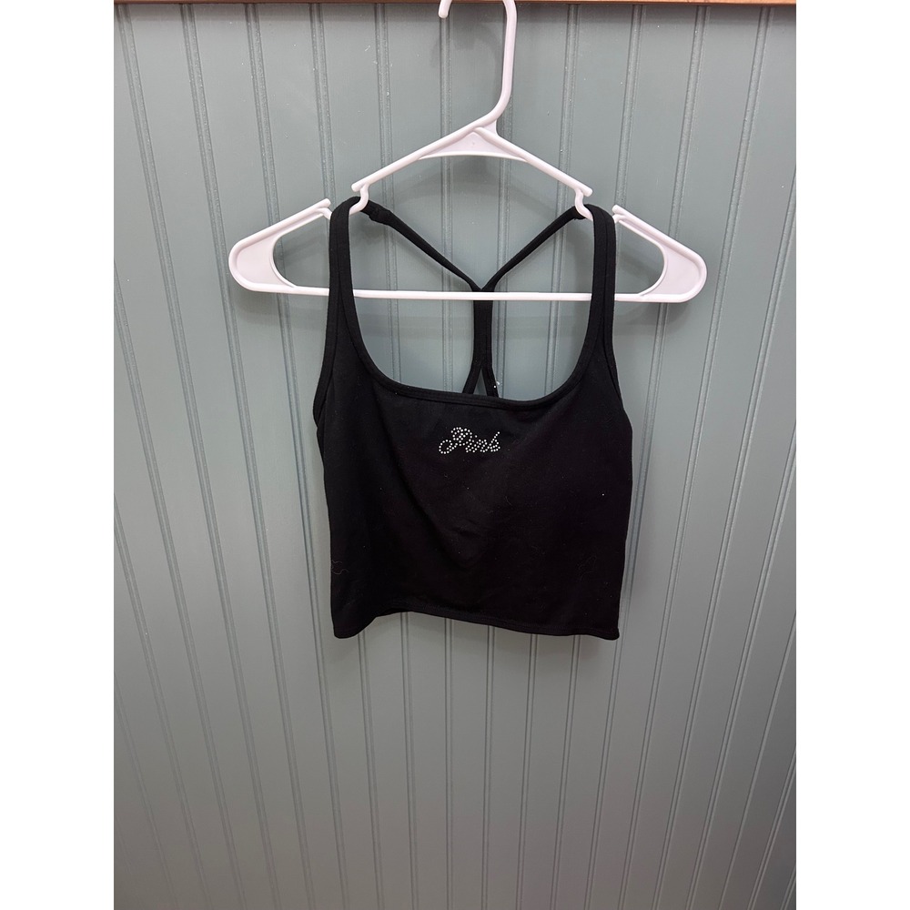 Victoria's Secret PINK Black Rhinestone Logo Strappy Crop Top Bra Large y2k